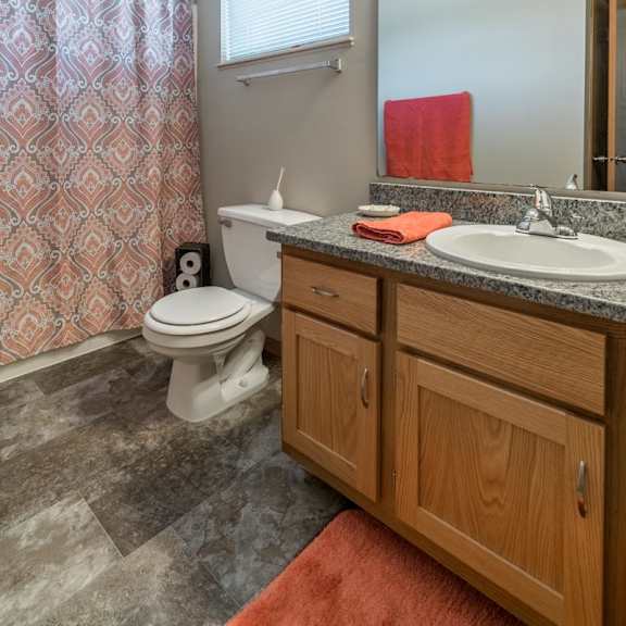Thumbnail 15 of 16 A bathroom with a toilet, sink, and shower curtain.