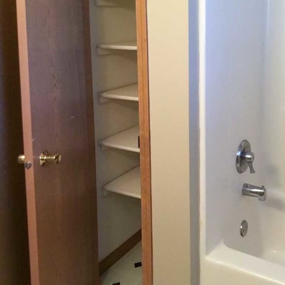 Thumbnail 10 of 11 a bathroom with a linen closet and a tub shower
