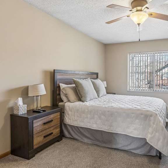 Thumbnail 16 of 29 Apartment bedroom with plush carpet, ceiling fan, large window, and neutral finishes throughout.