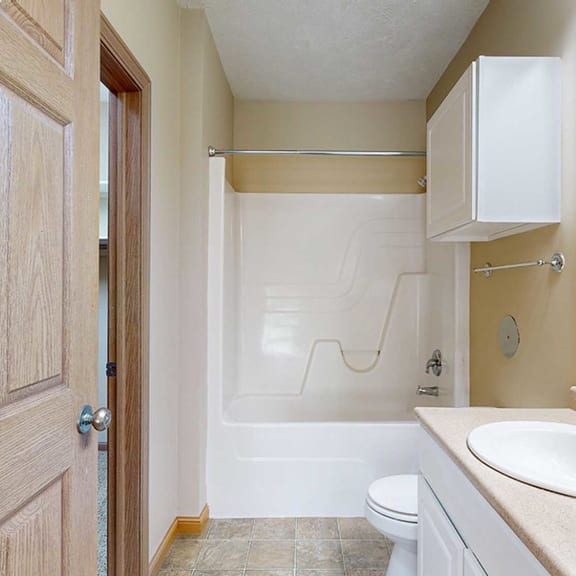 Thumbnail 18 of 28 a bathroom with a vanity sink, a toilet, overhead storage, and a shower tub