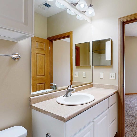 Thumbnail 17 of 28 a bathroom with a vanity sink, overhead lighting, a medicine cabinet, and a mirror