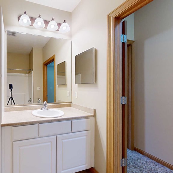 Thumbnail 23 of 28 a bathroom with a vanity sink, a mirror, overhead lighting, and white storage cabinets