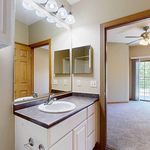 Thumbnail 19 of 32 a bathroom with a vanity sink and a mirror with overhead lights