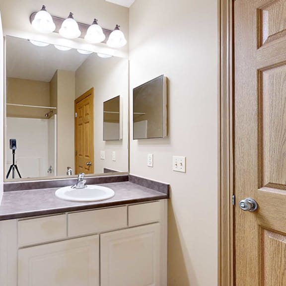 Thumbnail 28 of 32 a bathroom with a sink, a mirror, and storage cabinets