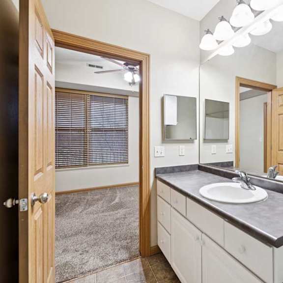 Thumbnail 18 of 23 Full bathroom with extended vanity, large mirror, and overhead lighting.