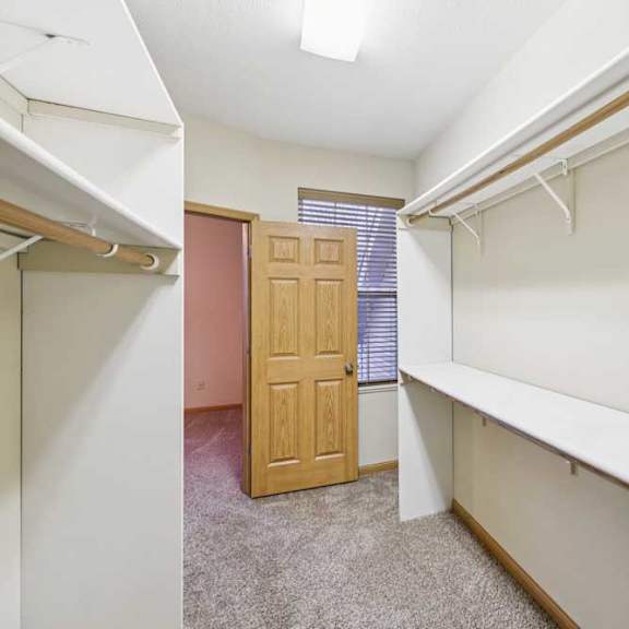 Thumbnail 17 of 19 Spacious walk-in closet with built-in shelving, double hanging rods, and carpeted flooring.