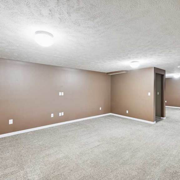 Thumbnail 23 of 26 Basement family room featuring wide open floor plan and bright overhead lighting.