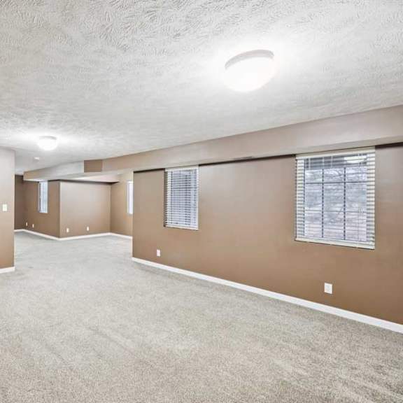 Thumbnail 21 of 26 Basement family room featuring wide open floor plan and bright overhead lighting.
