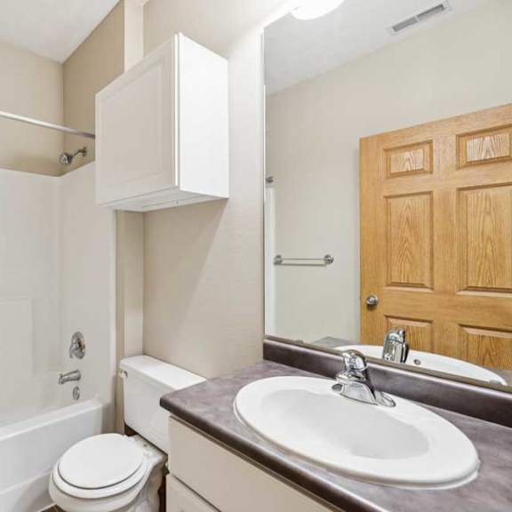 Thumbnail 20 of 20 Bathroom with single-sink vanity, wall cabinet, mirror, and tub and shower combination with built-in surround.