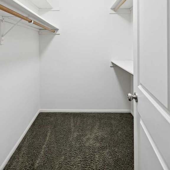 Thumbnail 20 of 25 Walk-in closet with hanging rods, upper shelving, and carpet flooring.