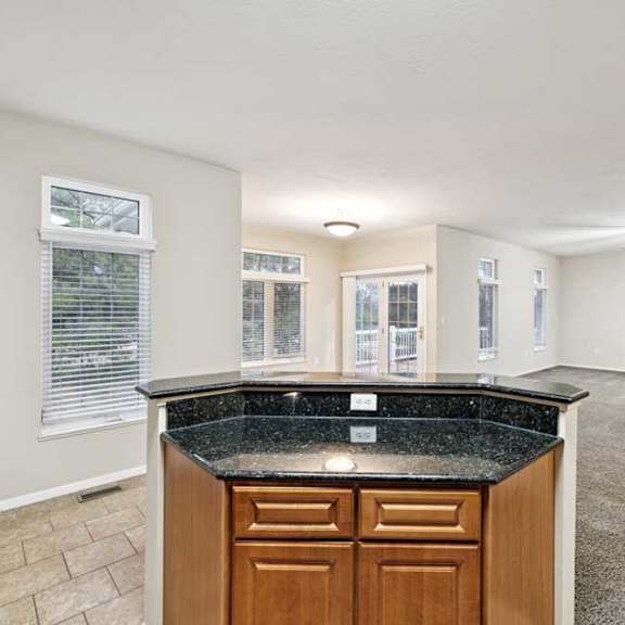 Thumbnail 12 of 25 Open-concept view from kitchen peninsula overlooking dining area, living room, and fireplace.
