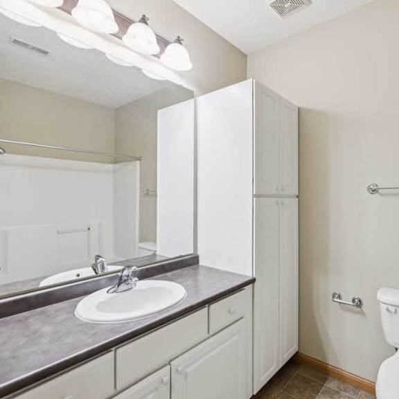 bathroom vanity with extended countertop, white cabinetry, and wall-mounted storage cabinet.