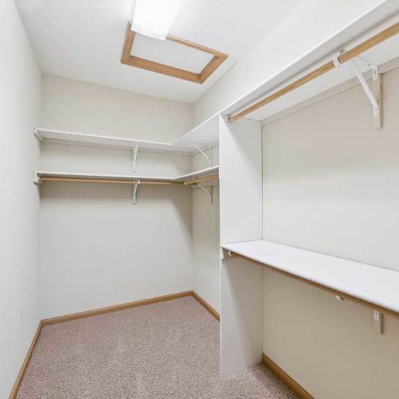 Thumbnail 7 of 21 Walk-in closet with carpet flooring, built-in shelving, hanging rods, and overhead lighting for organized storage.