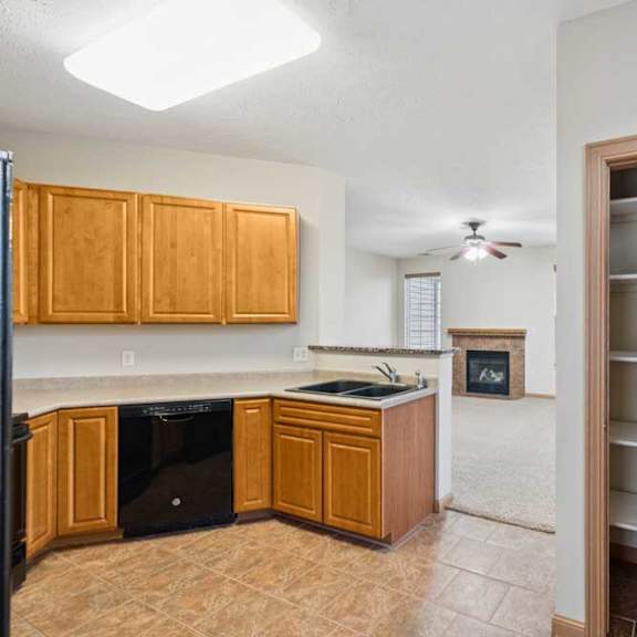 Thumbnail 15 of 21 Kitchen and living area view featuring wood cabinets, double-basin sink, black dishwasher, breakfast bar, and adjacent pantry closet.