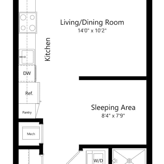 Thumbnail 1 of 17 a 2D floorplan of the studio August at The Conrad in Omaha, NE 68105