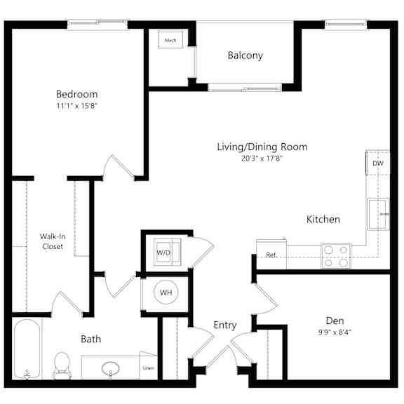 Thumbnail 1 of 11 a 2D floorplan of the 1-bedroom Bostwick with Den at The Conrad in Omaha, NE 68105