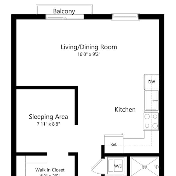 Thumbnail 1 of 6 a 2D floorplan of the studio Bradford at The Conrad in Omaha, NE 68105