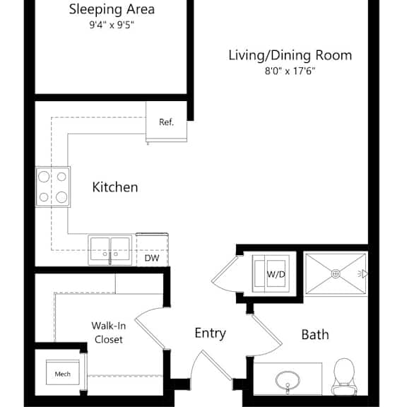 Thumbnail 1 of 8 a 2D floorplan of the studio Durham at The Conrad in Omaha, NE 68105