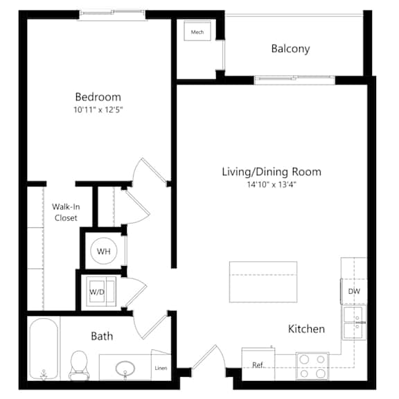 Thumbnail 1 of 21 a 2D floorplan of the 1-bedroom Higgins at The Conrad in Omaha, NE 68105