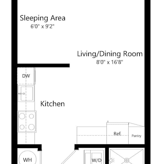 Thumbnail 2 of 2 a 2D floorplan of the studio Logan with a privacy wall at The Conrad in Omaha, NE 68105