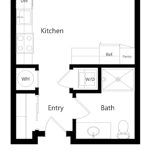 Thumbnail 1 of 2 a 2D floorplan of the studio Logan without a privacy wall at The Conrad in Omaha, NE 68105
