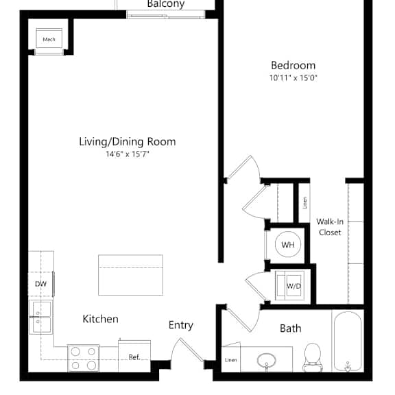 Thumbnail 1 of 9 a 2D floorplan of the 1-bedroom Millard at The Conrad in Omaha, NE 68105