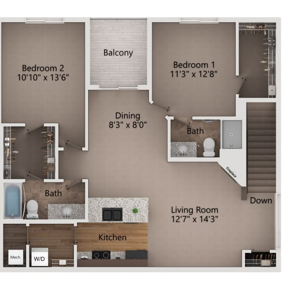 Thumbnail 1 of 19 two bedroom floor plan including a living room with a fireplace and a dining room