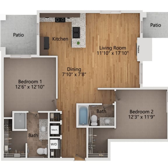Thumbnail 1 of 19 a floor plan of a two bedroom apartment with two bathrooms and a living room with a kitchen