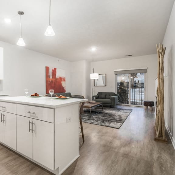 Thumbnail 2 of 9 Contemporary design scheme with white kitchen cabinetry, quartz countertops and open layout at The Conrad