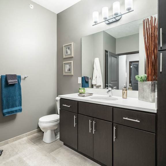 Thumbnail 11 of 11 Traditional design scheme bathroom with dark cabinetry and quartz countertops-The Conrad apartments