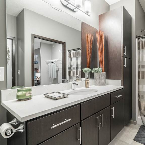 Thumbnail 10 of 11 Bathroom with dark cabinetry and quartz countertops at The Conrad in midtown Omaha NE