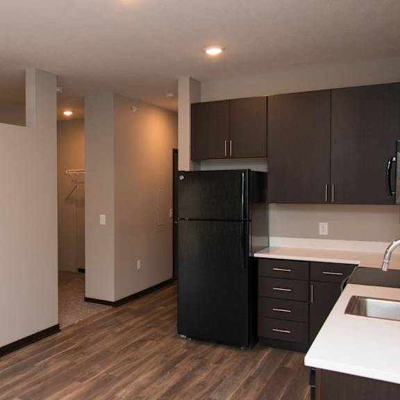 Thumbnail 4 of 6 L-shaped kitchen with dark brown cabinets is across from a partial walled sleeping area in a studio apartment