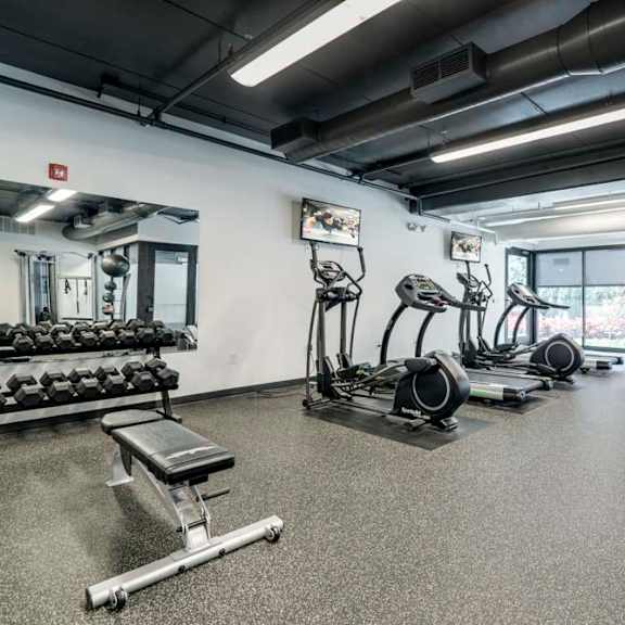 fitness center with cardio and free weights at the conrad near unmc in the blackstone district omaha ne 68105