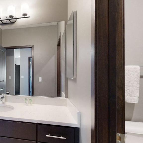 Thumbnail 9 of 9 Furnished apartment bathroom with dark finish cabinetry for storage and large mirror