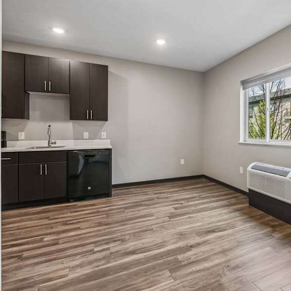 Thumbnail 4 of 15 Studio apartment with wood-style flooring, a compact kitchen, a large window, and abundant natural light.