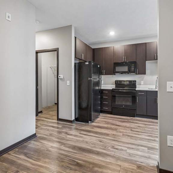 Thumbnail 9 of 15 Open studio apartment with wood-style flooring, a modern kitchen with dark cabinetry, and a spacious, flexible layout.