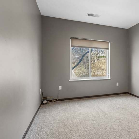 Thumbnail 26 of 34 Bright apartment bedroom with soft carpeting, gray walls, and a large window providing natural light.