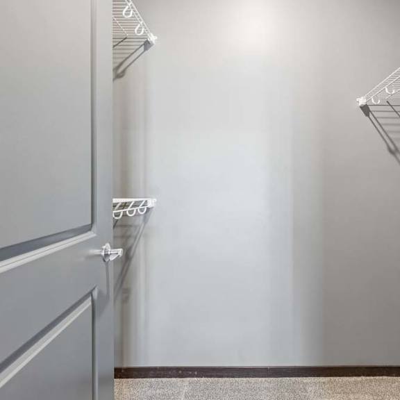 Thumbnail 30 of 34 Walk-in apartment closet with carpeted flooring and built-in wire shelving for organized storage.