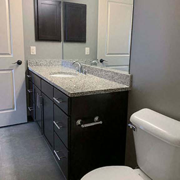 Thumbnail 12 of 21 Large bathroom with dark vanity and large mirror