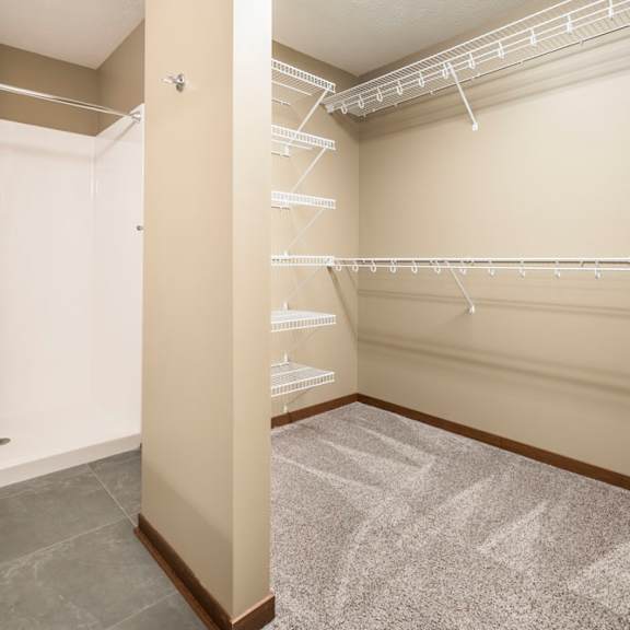 Thumbnail 11 of 24 A walk-in closet with a carpeted floor and shelves.