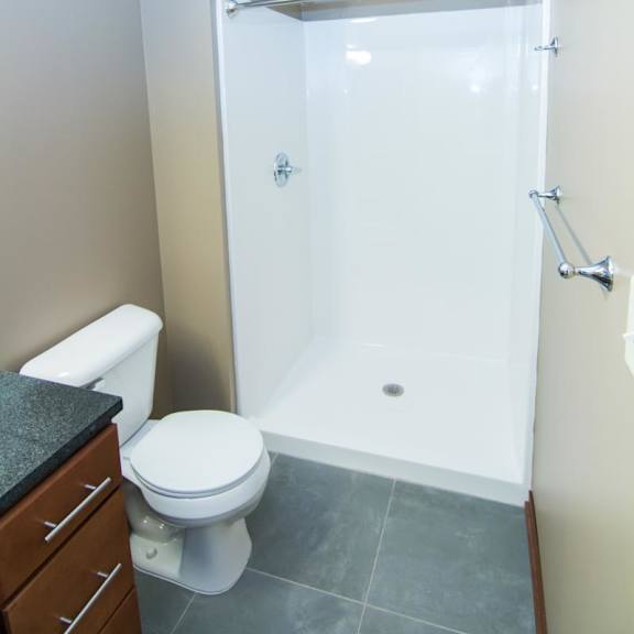 Thumbnail 12 of 14 A white toilet sits next to a walk-in shower.