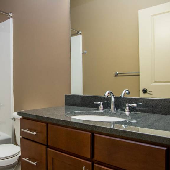 Thumbnail 13 of 13 A bathroom with a white toilet, a black countertop, and a white bathtub.