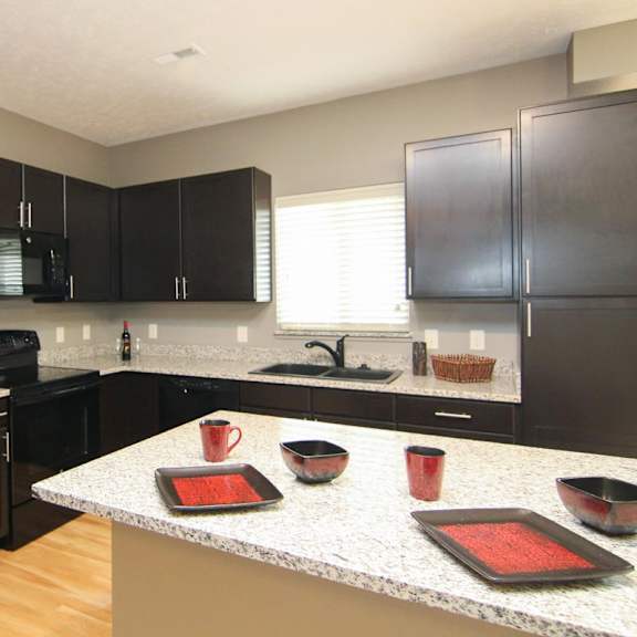 Thumbnail 4 of 14 A kitchen with black cabinets and appliances