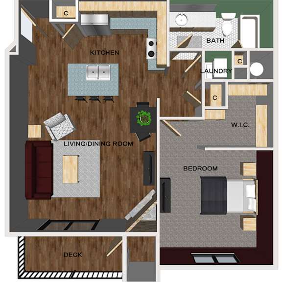 Thumbnail 1 of 9 A floor plan of an apartment with a kitchen, living room, bedroom, and bathroom.