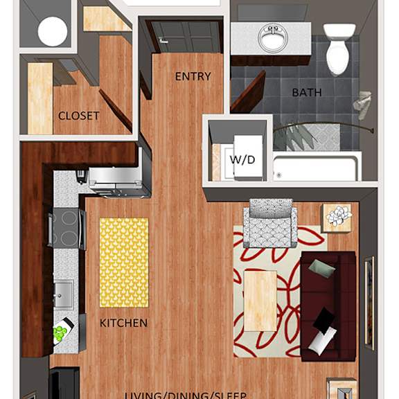 Thumbnail 1 of 2 A floor plan of a studio apartment with a living room, kitchen, and bathroom.