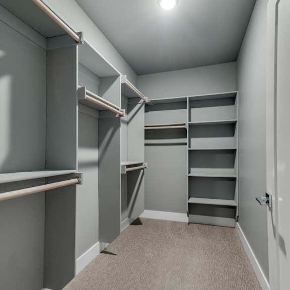 Thumbnail 15 of 16 A room with grey walls and a carpeted floor with a white door on the right.