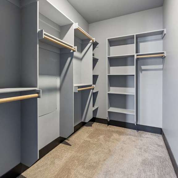 Thumbnail 33 of 46 Built-in closet system offers open shelving and hanging rods on multiple walls, with gray finishes and neutral carpeting.