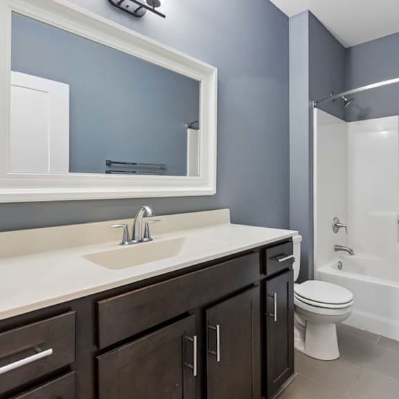 Thumbnail 46 of 46 Deep espresso cabinetry and a white vanity top add contrast to this apartment bathroom with gray walls and a tub-shower combo.
