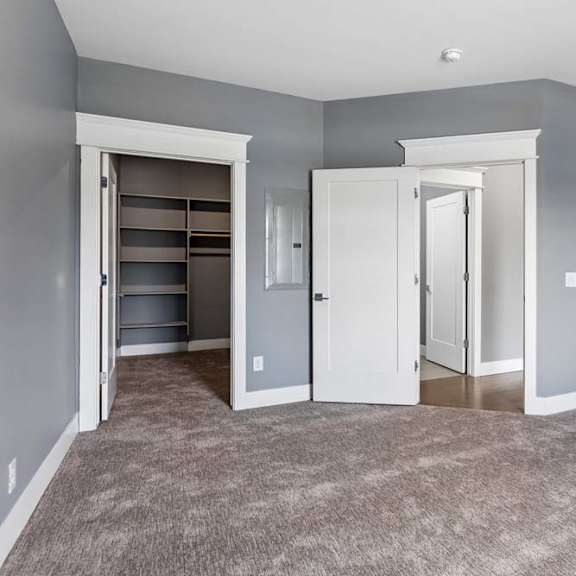 Thumbnail 44 of 46 Gray-walled apartment bedroom pairs plush carpeting with crisp white trim and an open walk-in closet featuring built-in shelving.