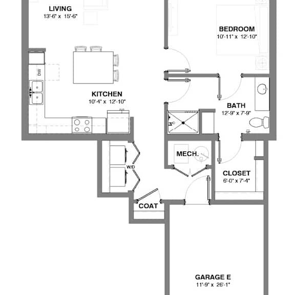 Thumbnail 1 of 2 One-bedroom apartment layout with open living and kitchen area, island seating, full bathroom, in-unit laundry, private patio, and attached garage.